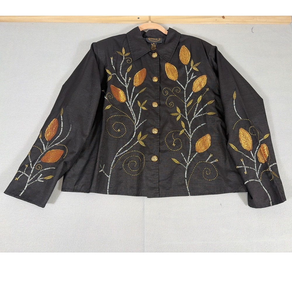 Alex Kim Womens‎ XL Black Gold Metallic Leaf Embroidered Beaded Button Jacket